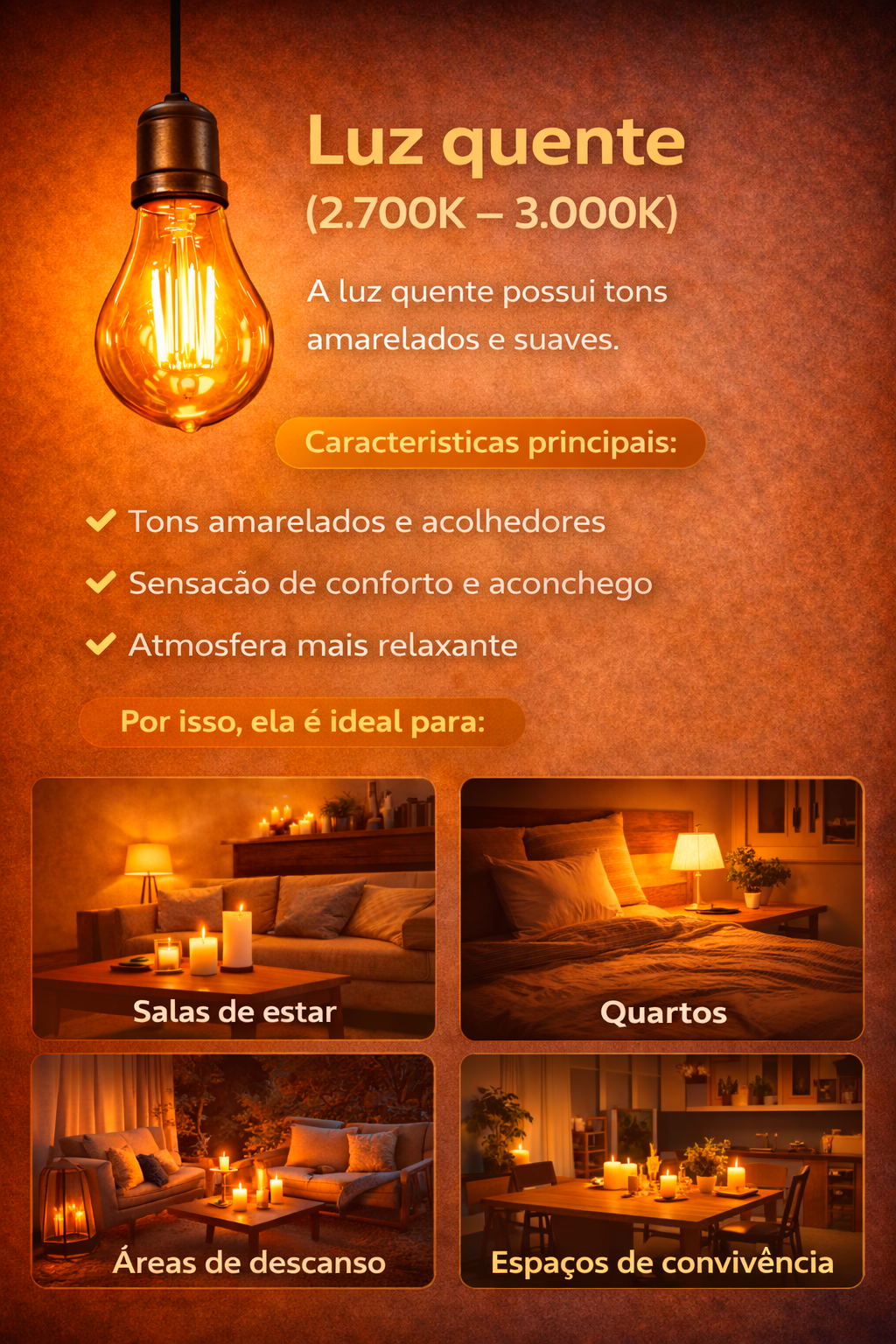 Infográfico sobre luz quente (2.700K – 3.000K) mostrando uma lâmpada com luz amarelada e exemplos de ambientes iluminados com esse tipo de iluminação, como sala de estar, quarto, área de descanso e espaço de convivência, destacando sensação de conforto e aconchego na decoração.