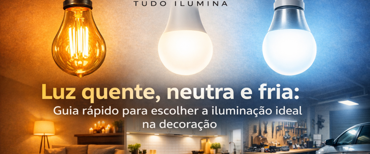 “Comparação entre luz quente, neutra e fria em lâmpadas LED, mostrando diferentes ambientes iluminados: sala de estar aconchegante, cozinha moderna e garagem/oficina.”