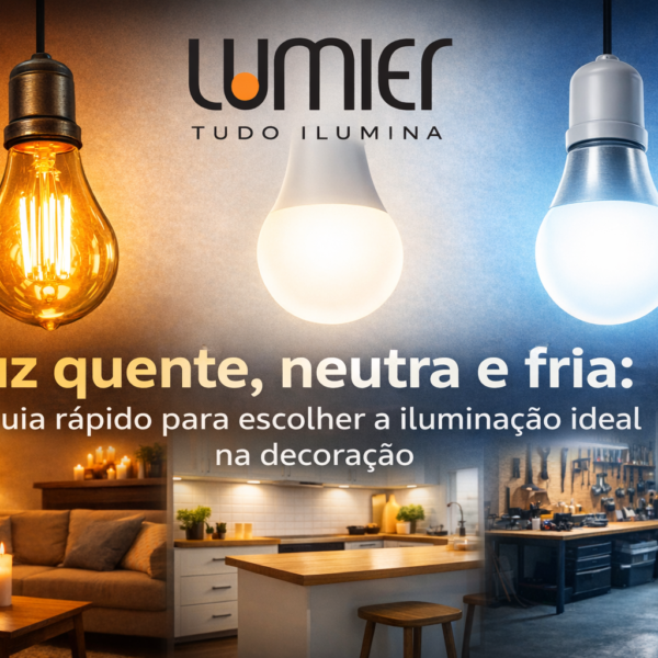 “Comparação entre luz quente, neutra e fria em lâmpadas LED, mostrando diferentes ambientes iluminados: sala de estar aconchegante, cozinha moderna e garagem/oficina.”