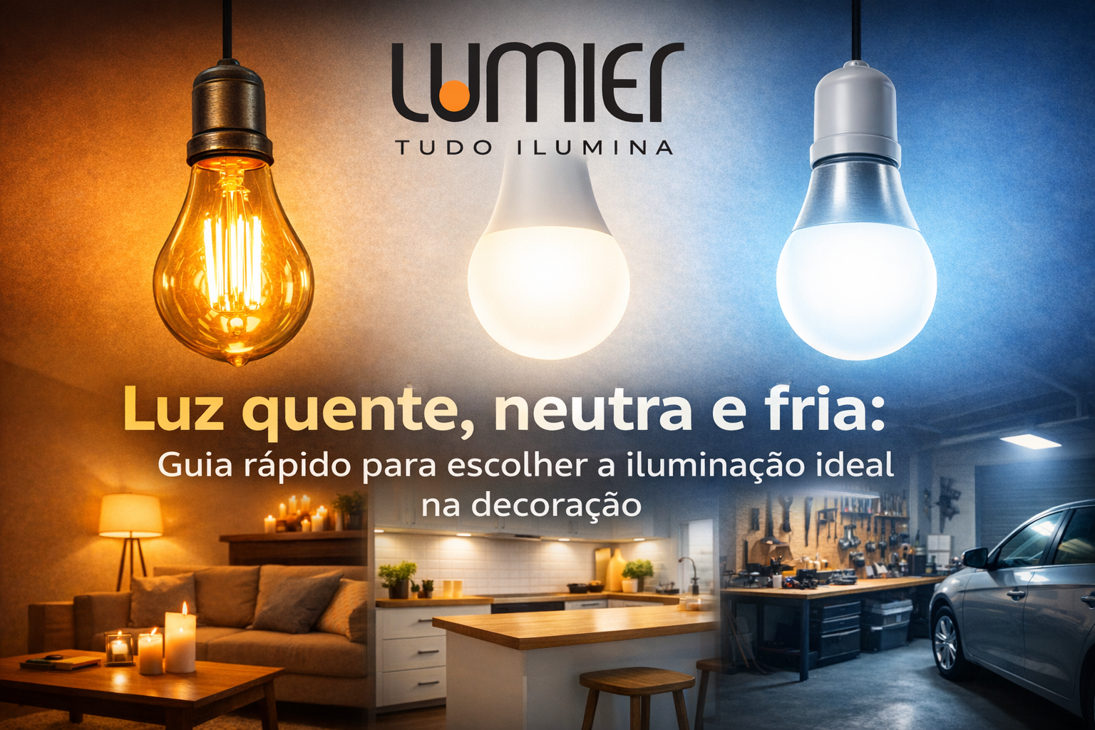 “Comparação entre luz quente, neutra e fria em lâmpadas LED, mostrando diferentes ambientes iluminados: sala de estar aconchegante, cozinha moderna e garagem/oficina.”