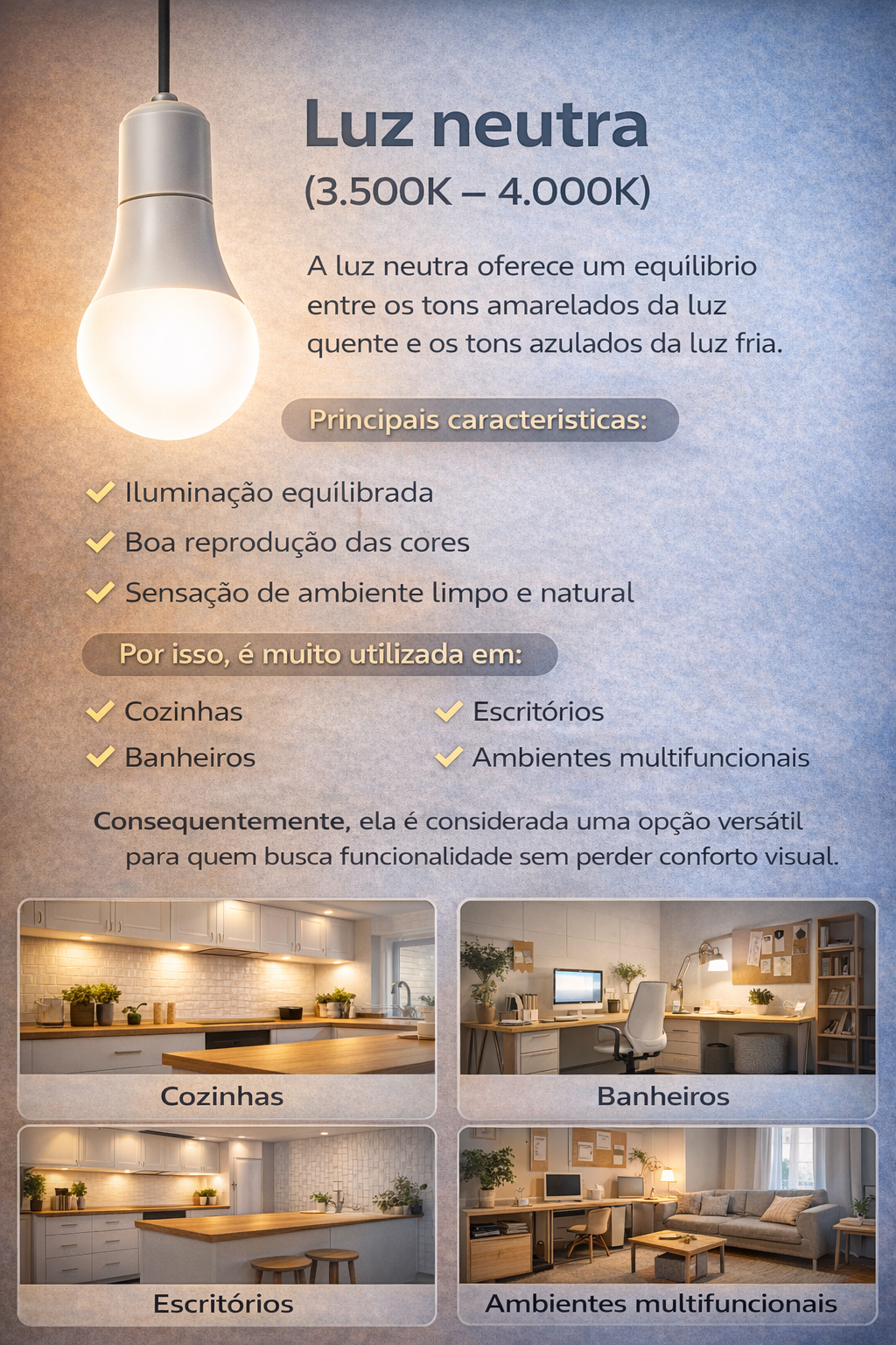 Infográfico sobre luz neutra (3.500K – 4.000K) mostrando uma lâmpada LED com iluminação equilibrada e exemplos de ambientes como cozinha, banheiro, escritório e espaço multifuncional, destacando boa reprodução de cores e sensação de ambiente limpo e natural.
