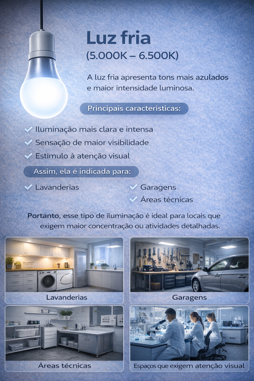 Infográfico sobre luz fria (5.000K – 6.500K) mostrando uma lâmpada LED com iluminação azulada e exemplos de ambientes como lavanderia, garagem, área técnica e espaço de trabalho detalhado, destacando maior intensidade luminosa e melhor visibilidade para tarefas que exigem atenção visual.