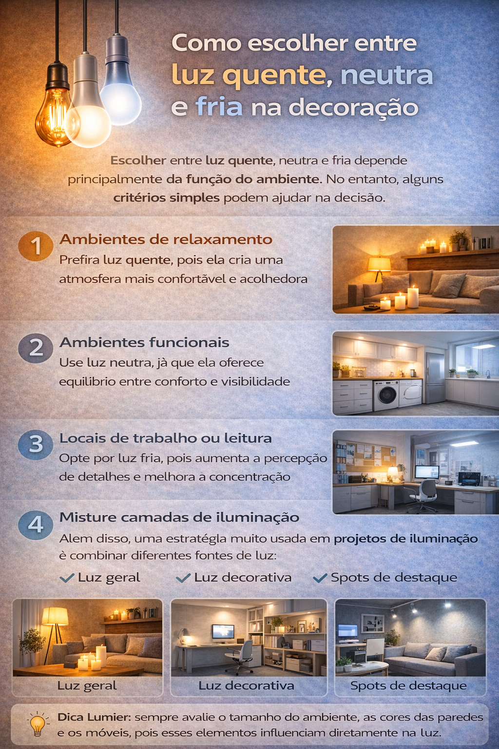 Infográfico sobre como escolher entre luz quente, neutra e fria na decoração, mostrando três lâmpadas com diferentes temperaturas de cor e exemplos de ambientes como sala de estar, cozinha e escritório, além de dicas sobre camadas de iluminação como luz geral, luz decorativa e spots de destaque.