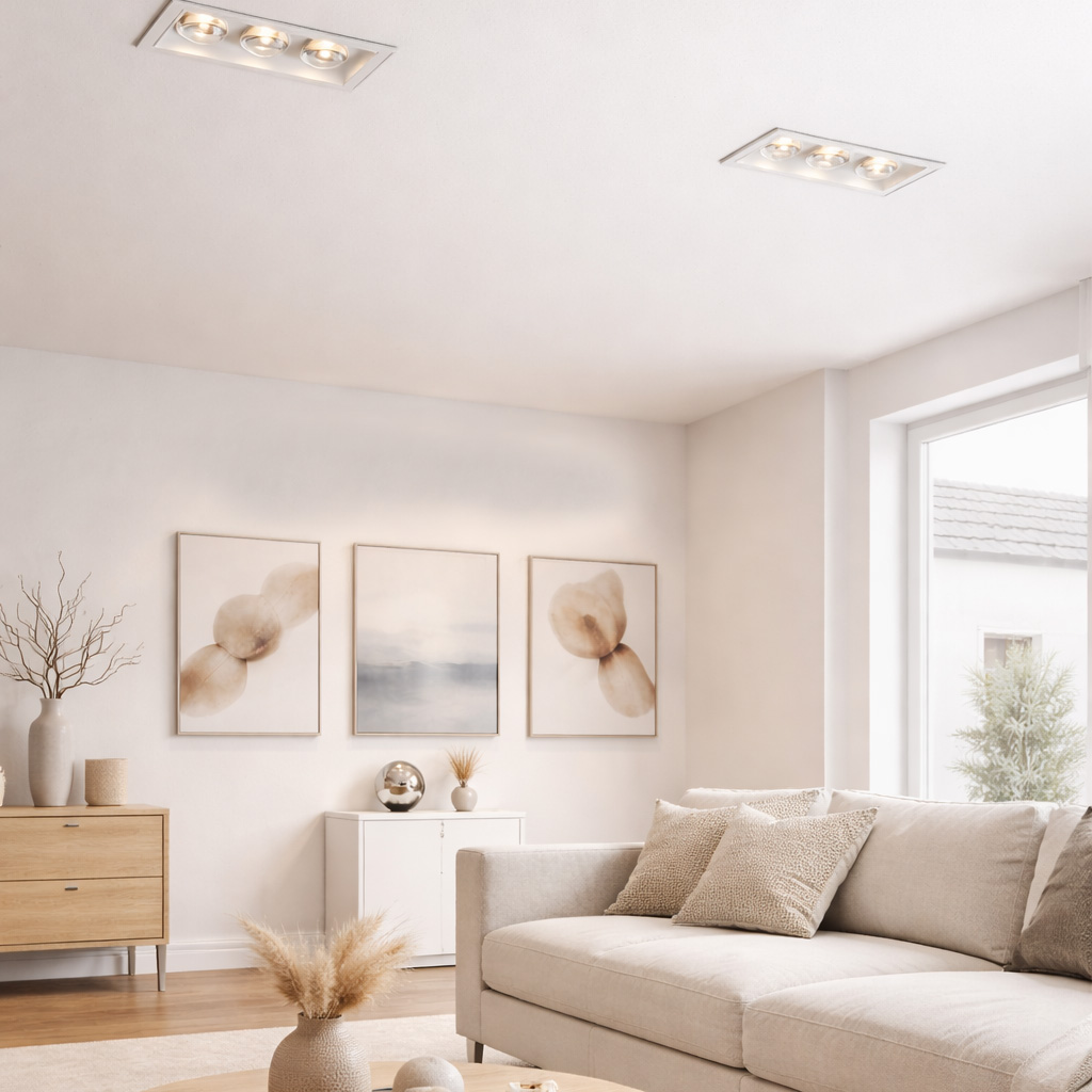 Sala de estar em tons neutros com sofá bege decorado com almofadas claras. Na parede, três quadros com arte abstrata em tons suaves de bege e azul. À esquerda, cômoda de madeira clara com vaso decorativo e galhos secos. Ao centro, aparador branco com objetos decorativos, incluindo vaso e peça esférica metálica. No teto, dois conjuntos de spots embutidos. À direita, janela ampla com vista externa e luz natural entrando no ambiente. O espaço conta com piso de madeira e tapete claro, criando atmosfera aconchegante e minimalista.
