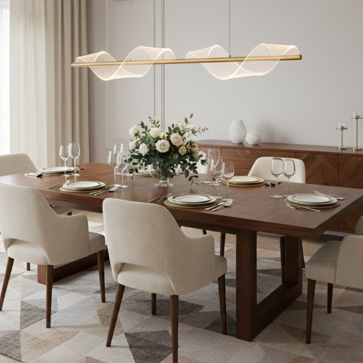 Sala de jantar elegante com mesa retangular de madeira escura cercada por seis cadeiras estofadas em tecido bege claro. Sobre a mesa, há um arranjo central de flores brancas e folhagens verdes em vaso de vidro, além de pratos, talheres e taças organizados para seis lugares. Acima, um pendente linear dourado com design ondulado iluminado. Ao fundo, um aparador de madeira com objetos decorativos e velas, cortinas claras e paredes em tom neutro. O ambiente conta com tapete geométrico em tons suaves que complementa a decoração sofisticada.