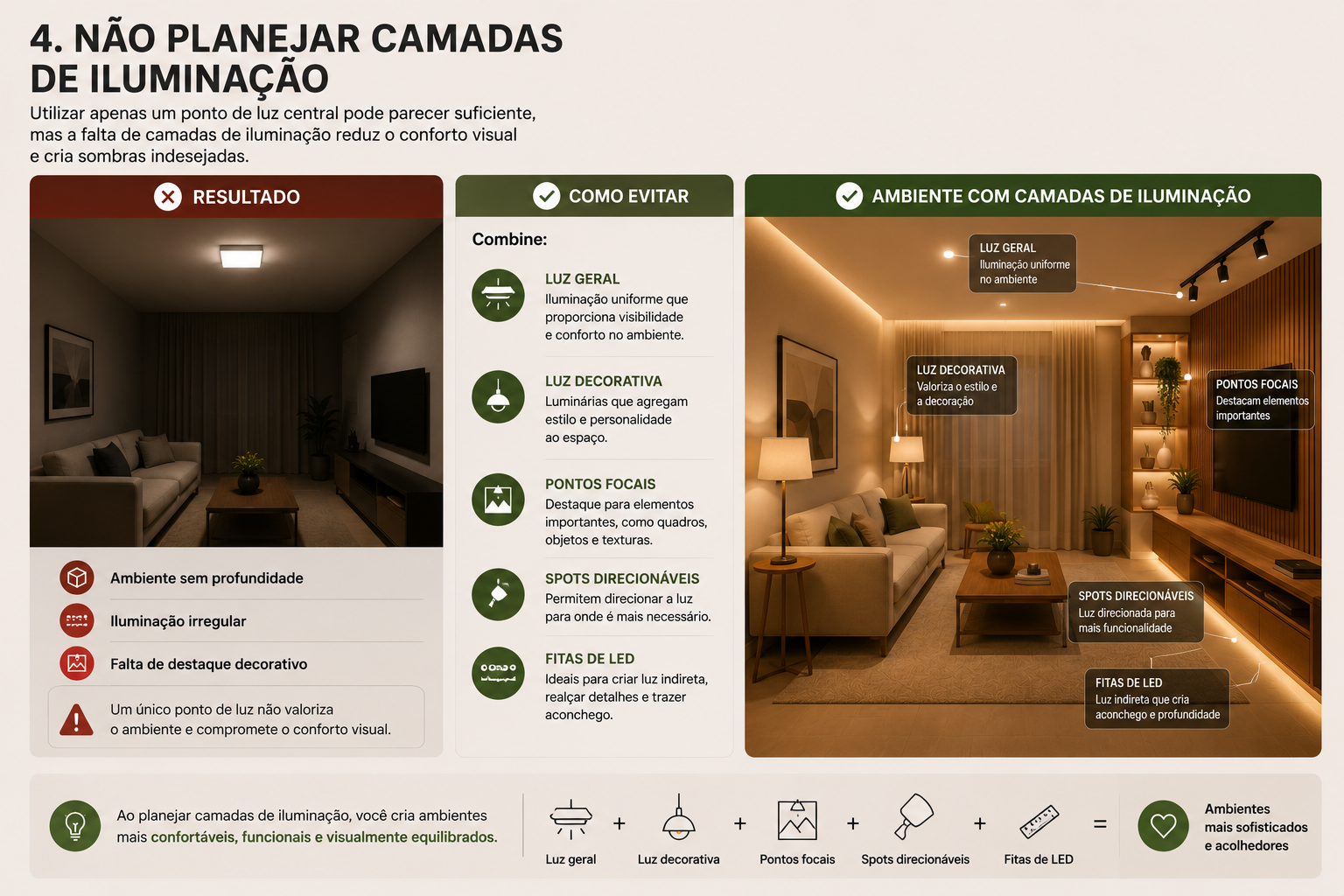 Infográfico sobre o erro de não planejar camadas de iluminação, comparando uma sala iluminada apenas por um ponto central com um ambiente moderno que combina luz geral, luz decorativa, pontos focais, spots direcionáveis e fitas de LED. A imagem destaca como diferentes camadas de iluminação criam ambientes mais sofisticados, acolhedores e visualmente equilibrados.