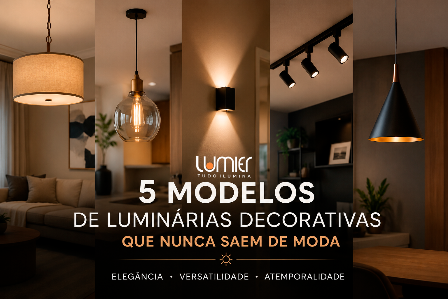 Banner promocional da Lumier com cinco modelos de luminárias decorativas atemporais em ambientes modernos  A imagem apresenta diferentes estilos de iluminação, incluindo pendentes, arandela e trilho de LED, em salas e espaços sofisticados  No centro, destaque para o texto “5 modelos de luminárias decorativas que nunca saem de moda”, acompanhado da identidade visual da Lumier e ícones representando elegância, versatilidade, atemporalidade e qualidade profissional 