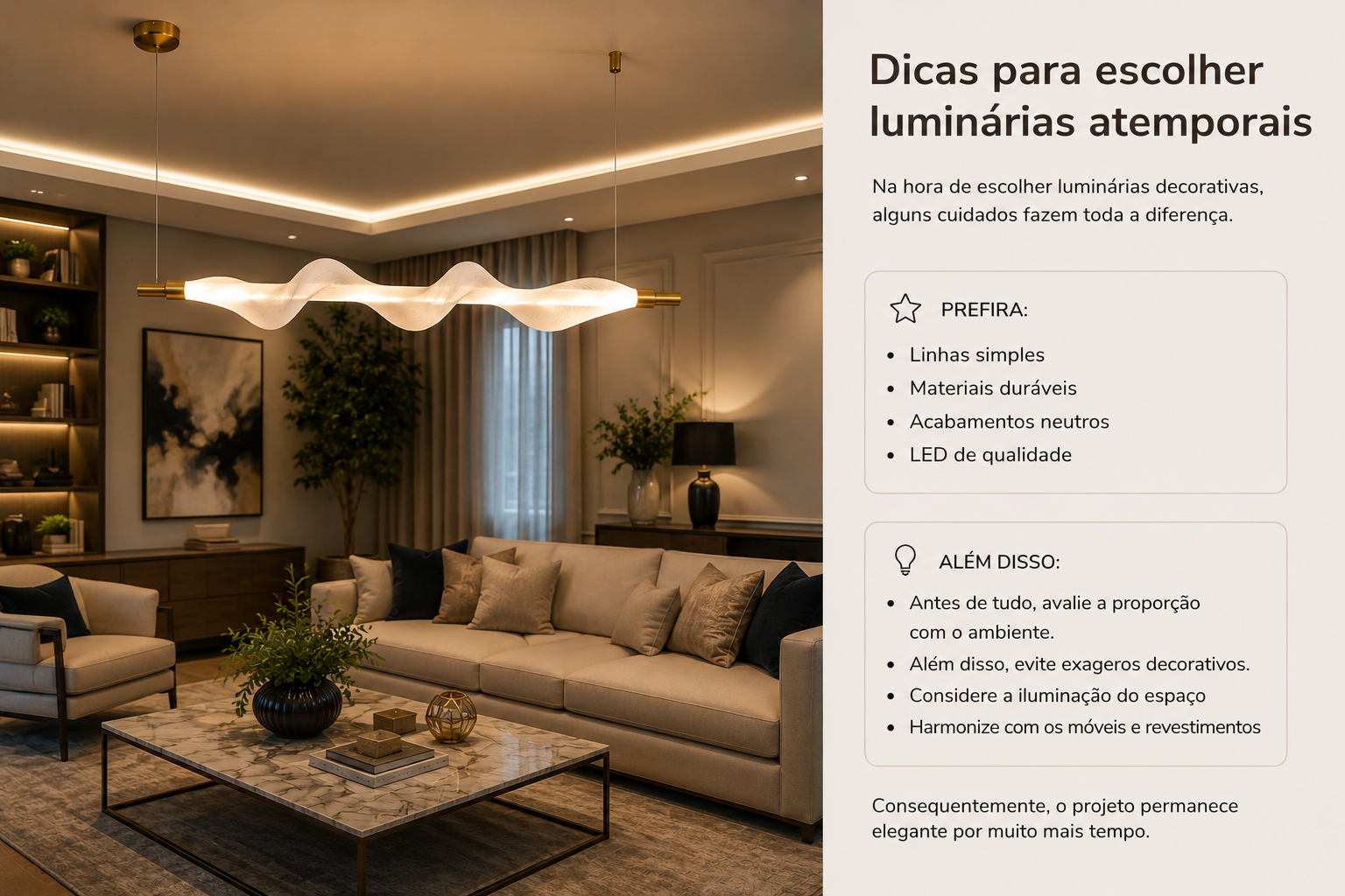 Sala de estar moderna e sofisticada com iluminação decorativa elegante e pendente contemporâneo em destaque. Ao lado direito, painel com dicas para escolher luminárias atemporais, incluindo linhas simples, materiais duráveis, acabamentos neutros e LED de qualidade. O ambiente apresenta móveis neutros, iluminação aconchegante e decoração minimalista, reforçando conforto, sofisticação e funcionalidade.