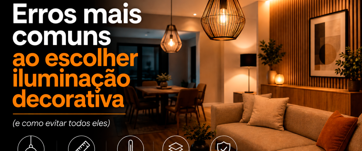 Banner sobre erros comuns ao escolher iluminação decorativa, mostrando uma sala moderna e aconchegante com luminárias pendentes, iluminação quente e decoração sofisticada  A imagem destaca dicas sobre proporção das luminárias, temperatura de cor, camadas de iluminação e funcionalidade dos ambientes, com a identidade visual da Lumier 