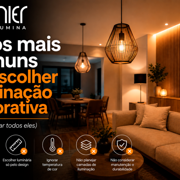 Banner sobre erros comuns ao escolher iluminação decorativa, mostrando uma sala moderna e aconchegante com luminárias pendentes, iluminação quente e decoração sofisticada  A imagem destaca dicas sobre proporção das luminárias, temperatura de cor, camadas de iluminação e funcionalidade dos ambientes, com a identidade visual da Lumier 
