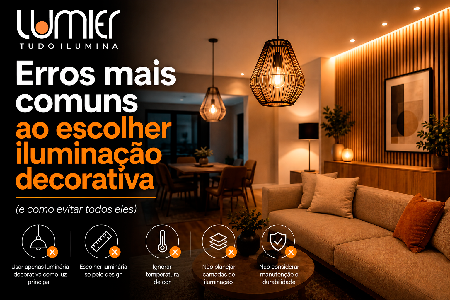 Banner sobre erros comuns ao escolher iluminação decorativa, mostrando uma sala moderna e aconchegante com luminárias pendentes, iluminação quente e decoração sofisticada A imagem destaca dicas sobre proporção das luminárias, temperatura de cor, camadas de iluminação e funcionalidade dos ambientes, com a identidade visual da Lumier